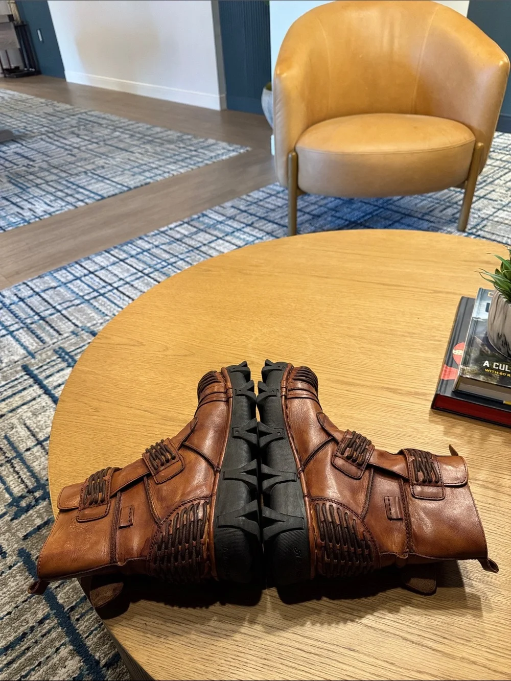 Women's Tan Woven Leather Moto Combat Boots - Picture 7 of 12